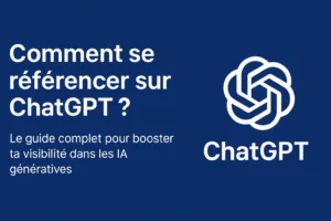 Une image au fond bleu foncé affiche le texte “Comment se référencer sur ChatGPT ?” en blanc, avec une accroche en dessous. À droite, le logo de ChatGPT (nœud blanc stylisé) attire immédiatement l’attention. Le visuel est épuré, lisible en une seconde, et donne envie de lire la suite.