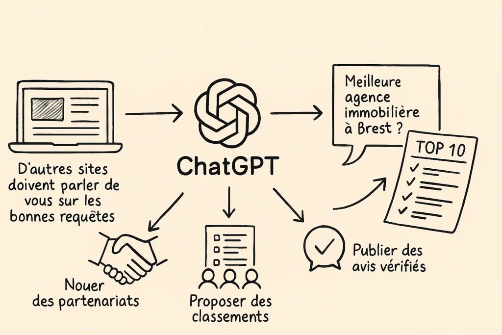 L’image montre au centre le logo de ChatGPT entouré de flèches menant à des illustrations : un site internet, une requête “Meilleure agence immobilière à Brest ?”, une poignée de main, un classement et un avis vérifié. Chaque élément correspond à une stratégie clé de visibilité