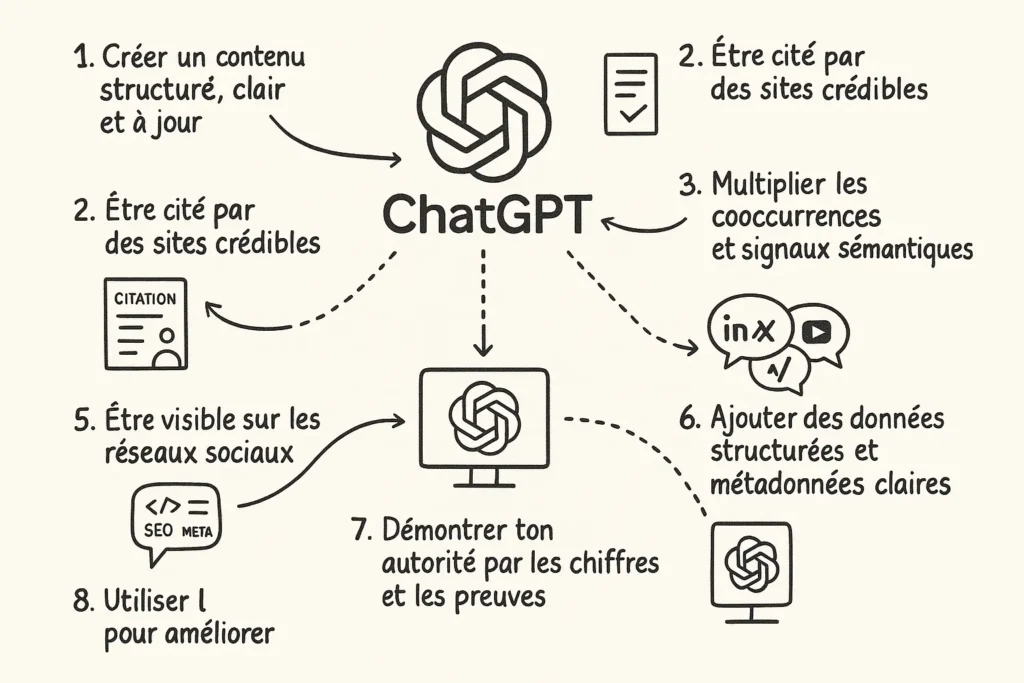 L’infographie montre huit conseils autour du logo de ChatGPT, chacun illustré par une icône simple : création de contenu, citation, cooccurrence, réseaux sociaux, métadonnées, autorité, et auto-optimisation. Des flèches relient chaque conseil à ChatGPT, le tout sur un fond beige dans un style dessiné à la main.



L’infographie montre huit conseils autour du logo de ChatGPT, chacun illustré par une icône simple : création de contenu, citation, cooccurrence, réseaux sociaux, métadonnées, autorité, et auto-optimisation. Des flèches relient chaque conseil à ChatGPT, le tout sur un fond beige dans un style dessiné à la main.