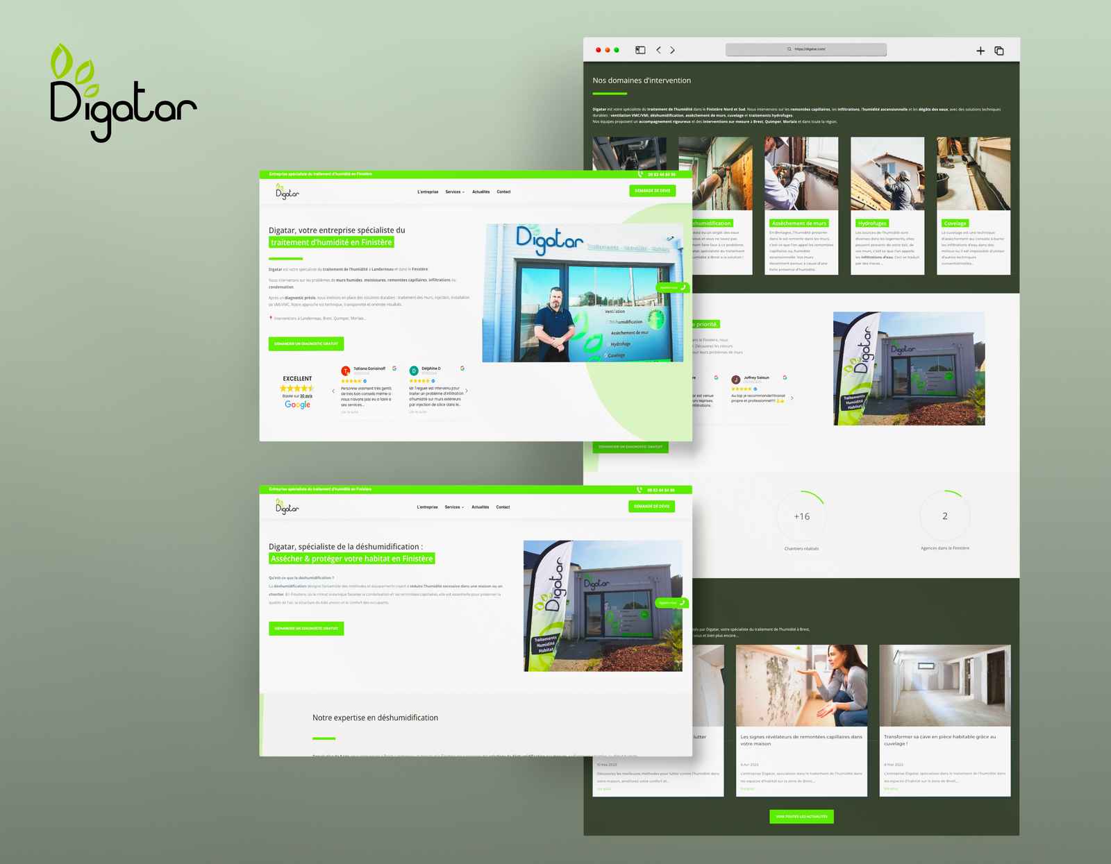 Maquette du site vitrine de Digatar : traitement de l’humidité et ventilation, pages services, avis clients et zones d’intervention – refonte responsive.